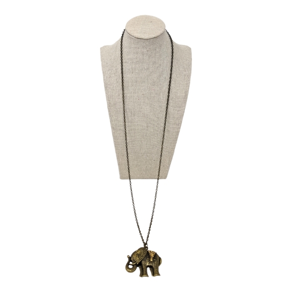 Elephant Pendant Necklace Long Brass Tone Rhinestones - Picture 2 of 9